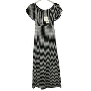 Mary Square XS NEW Black White Stripe Day Trip Ruffle Maxi Dress